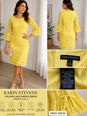 Karin Stevens Yellow Lace Sheath Dress Women’s Size 12 Bell Sleeve